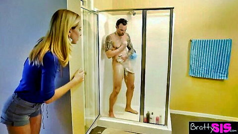 Haley Reed peeks at tattooed stepdad showering in Bratty Sis taboo scene