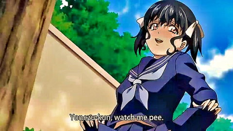 Anime schoolgirl Yonezuru in sailor uniform squatting to pee outdoors