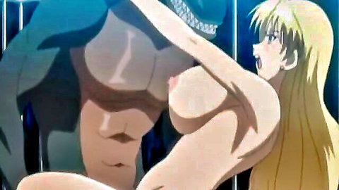 Blonde hentai slut with massive bare tits roughly grabbed by muscular monster cock from behind