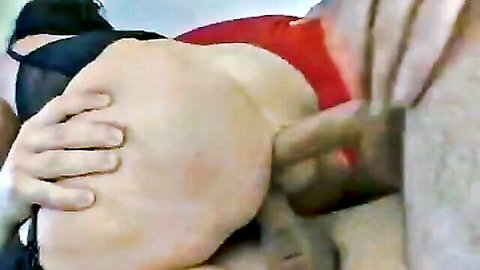 Pale ass cheeks spread wide as thick black cock penetrates tight wet pussy doggy style