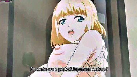 Blonde anime girl exposing large breasts in pulled-up sweater, hentai scene