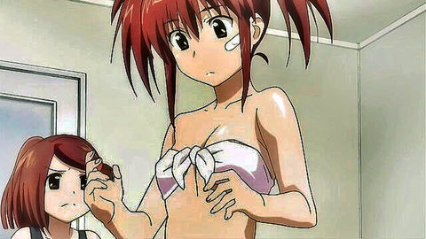 Busty anime redhead in towel with surprised expression, sister holding object