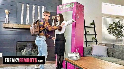 Lily Lou as busty robot teacher with nerdy student in Freaky Fembots scene