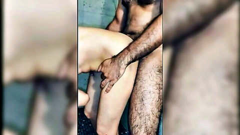 Hairy Indian man grips woman's thick pale thigh in rough doggy style fuck