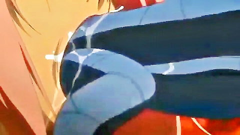 Hentai girl's shaved pussy dripping thick cum creampie from blue bodysuit tear