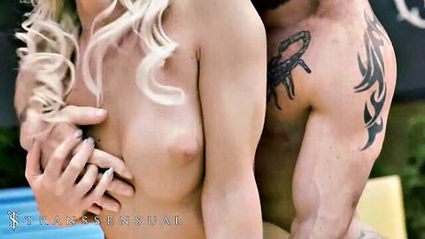 Blonde trans trophy wife topless with muscular tattooed lover in cuckold tease
