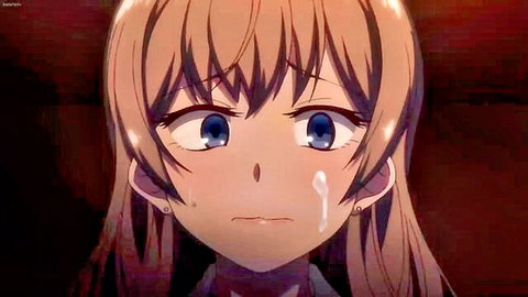 Teary-eyed anime girl with orange hair, blue eyes, surprised expression close-up