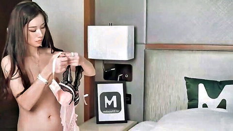 Tina Yuen nude in hotel, teasing with pink lingerie
