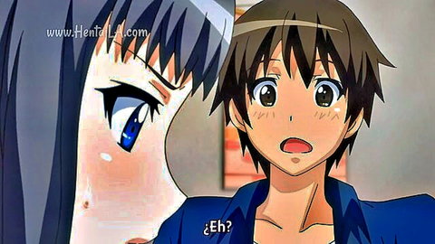 Anime hentai girl with big blue eyes seductively close to shocked boy's face saying Eh?