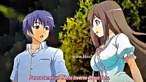 Busty hentai teen girl in cleavage dress flirts with surprised purple-haired boy
