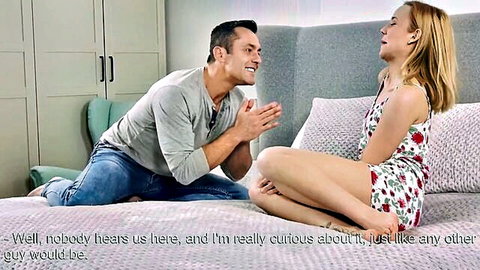 Blonde 18yo virgin in floral dress teases guy on bed, curious deflowering moment