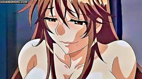 Seductive anime hentai girl with huge tits squeezes her massive bare breasts together smiling lewdly