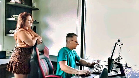 Curvy redhead with huge natural tits teases stepdad at computer desk