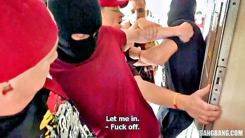 Masked men in Czech football gangbang scene on train, forceful group action