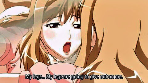 Hentai blonde teen with ahegao face and open mouth moaning her legs giving out during intense fuck