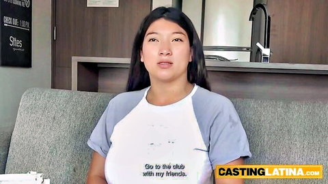 Hispanic BBW amateur in casual casting interview convincing producer