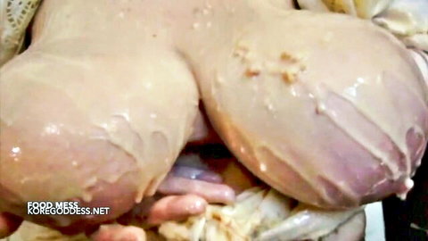 BBW big saggy tits in messy food fetish closeup with creamy splatter