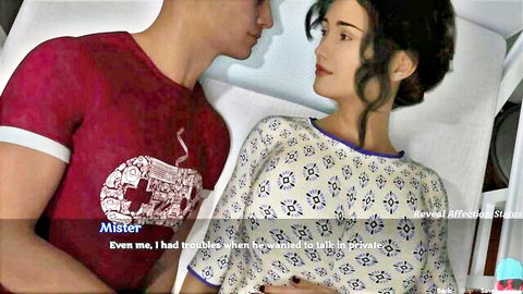 Asian couple in intimate close-up talk on bed, erotic game scene