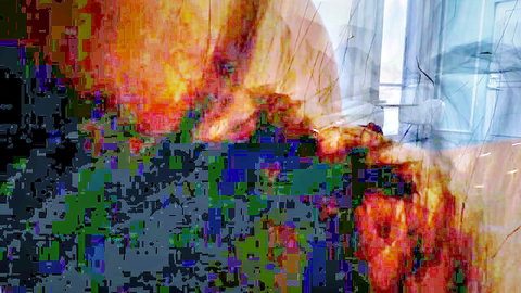 Pixelated abstract glitch art in fiery orange blue and green tones