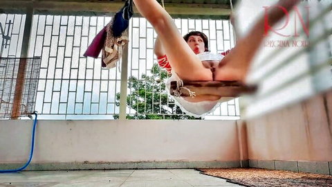 Depraved housewife swinging pantyless on swing, exposing pussy and ass