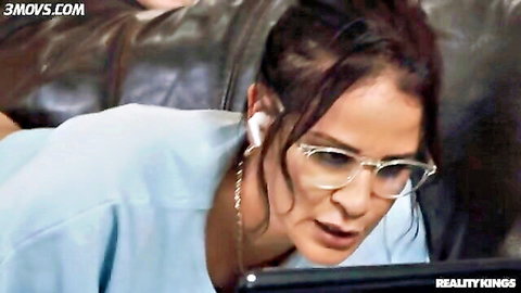 Seductive brunette MILF in glasses and AirPods opens mouth wide teasing blowjob