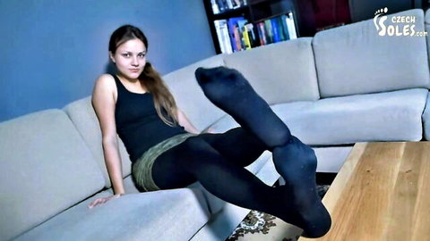 Megan's worn pantyhose feet tease in POV foot worship surprise