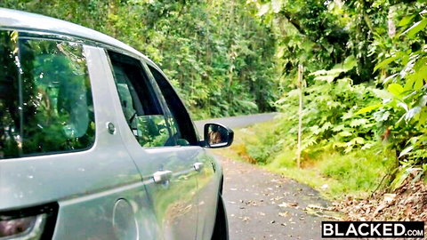 Angela's jungle threesome tease with Blacked in silver car