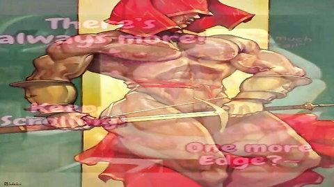 Muscular red-hooded warrior flexing ripped body with huge erect cock and sword