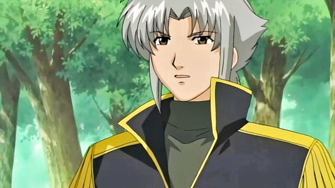 Silver-haired anime princess in forest, surprised expression, elegant uniform