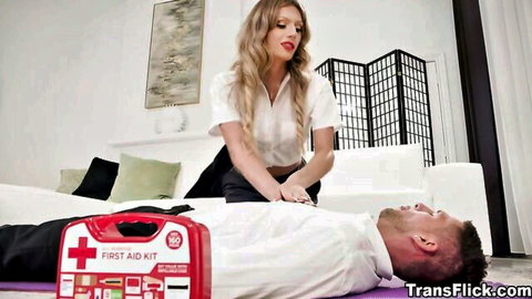 Blonde Jade in sexy white blouse giving sexually charged CPR to man