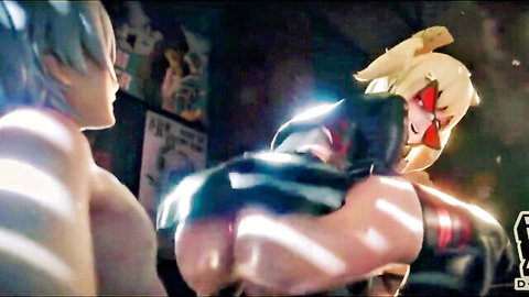 Blonde anime girl in black outfit passionately embraces shirtless muscular man