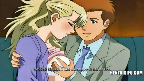 Blonde hentai boss embracing suited employee intimately