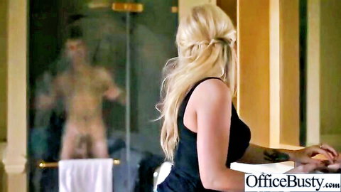 Busty blonde watches naked muscular man's cock through steamy shower glass