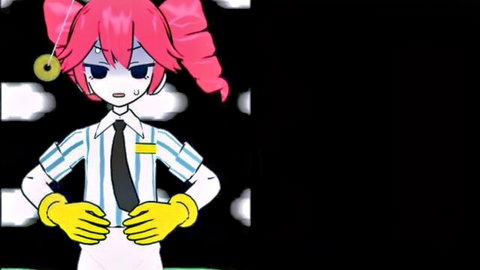 Pink-haired anime hentai girl in striped uniform teasing crotch with yellow gloves
