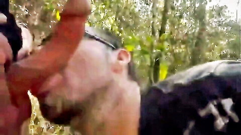 Amateur thick cock blowjob in forest outdoors with friend