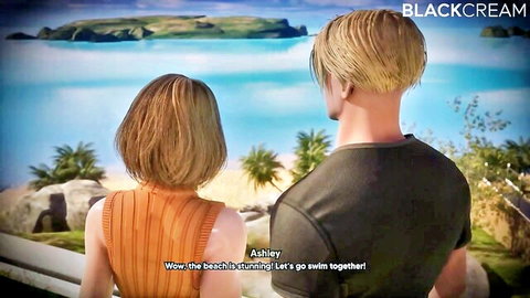 Ashley and blonde guy admiring beach view from behind in casual outfits