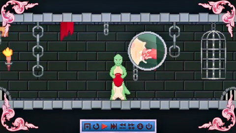 Pixel art green lizardman holding red furry creature in medieval dungeon with cage and chains