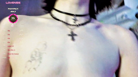 Skinny goth teen webcam girl with small tits, chokers, cross necklace and chest tattoo posing topless solo