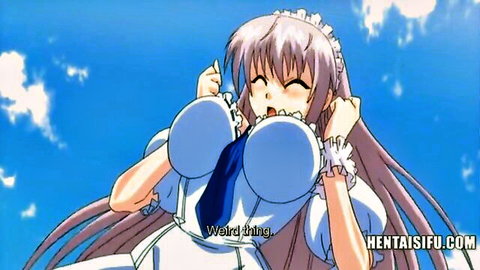 Hentai maid with massive tits squeezing her overflowing breasts smiling lewdly