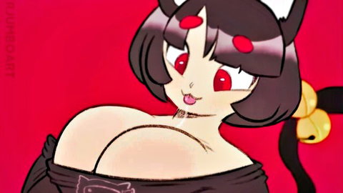 Busty anime catgirl with massive tits spilling from black top and cat ears teasing seductively.