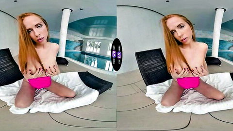 Holly Molly redhead topless in pink panties, spreading legs seductively