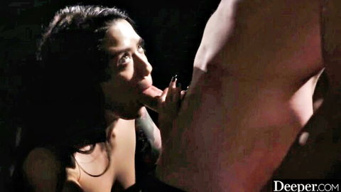 Tattooed brunette babe licks and sucks huge erect cock in closeup blowjob