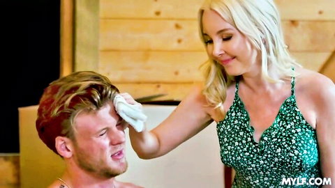 Aaliyah Love in green dress caring for shirtless stud in MILF scene