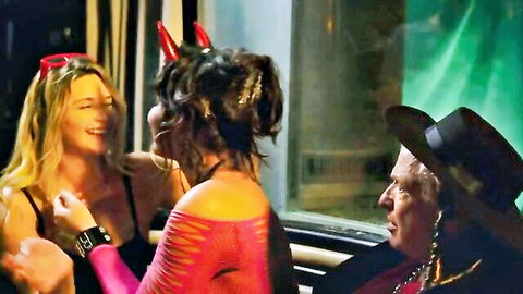 Kate McGarrigle and Elizabeth D'Ambrosi topless party scene with older man in Shakespeare's Shtstorm (2020)