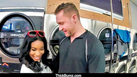 Jenna Foxx ebony beauty smiles with guy in laundromat tease