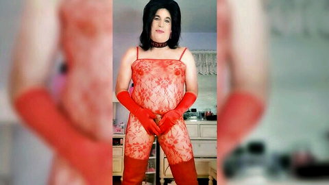 Victoria Lecherri in sheer red lace lingerie, gloves, and boots
