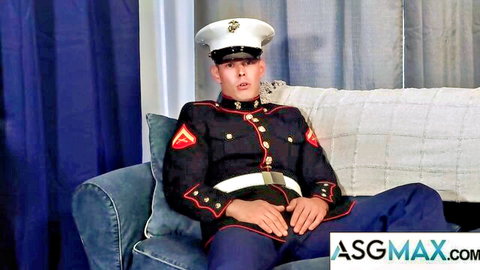 Muscular Marine Mac in uniform, solo tease with huge bulge