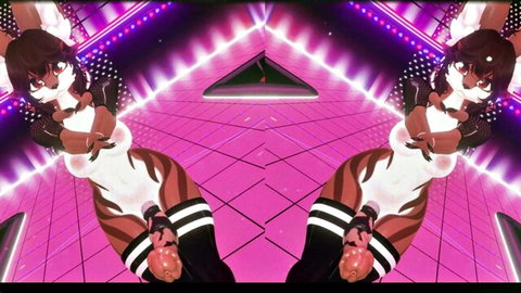 Animated fox girl teasing in white dress and stockings, neon vibe