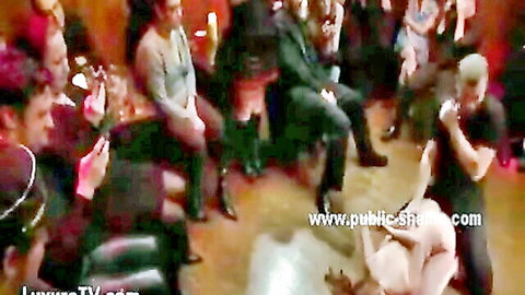 Blonde party slut gangbanged in every hole by strangers in crowded room