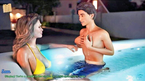 Stepmom in yellow bikini seduces young stepson in hot tub
